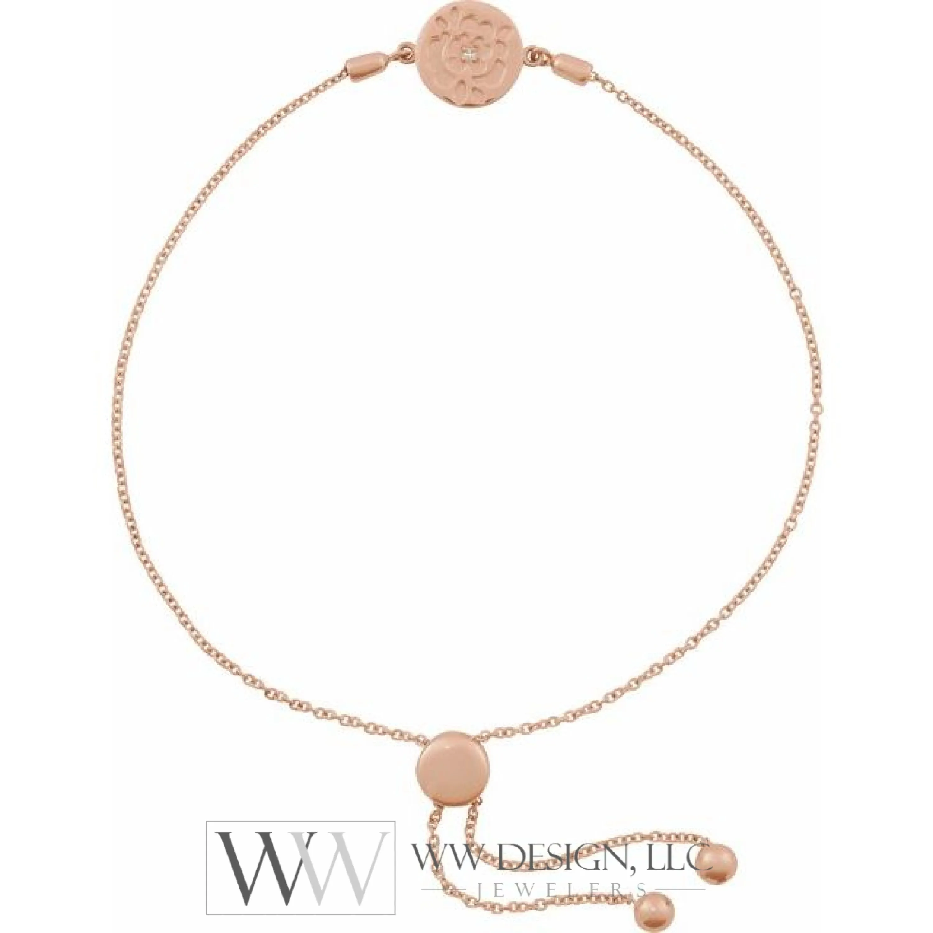 0.0075 CT Natural Diamond Rose Cable Bolo Adjustable 9.5" Bracelet - 14k (Y, W or R) Gold, Sterling Silver