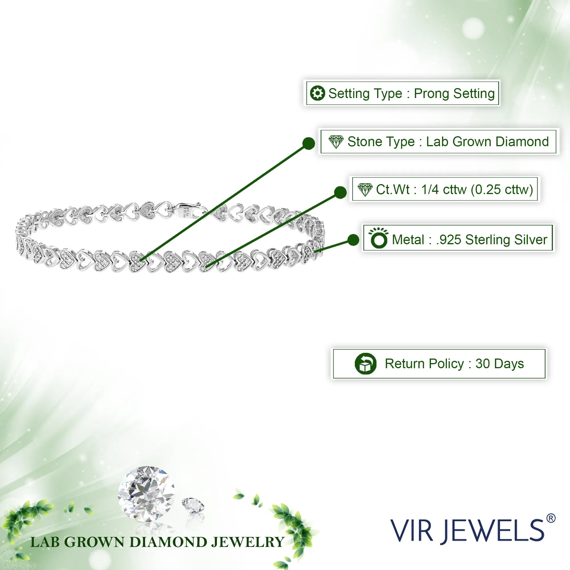 1/4 cttw Lab Grown Diamond Heart Tennis Bracelet in Sterling Silver