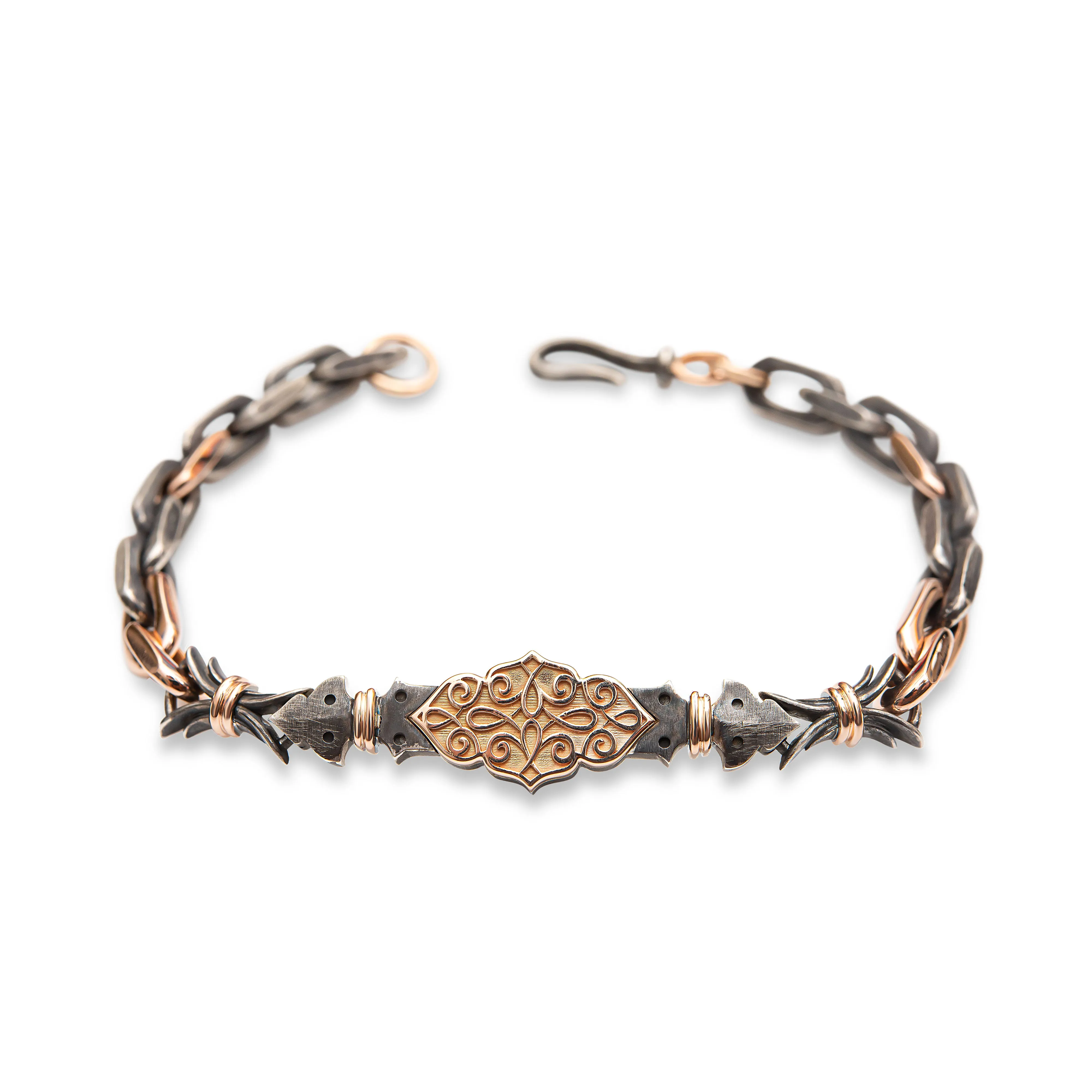 14Ct Rose Gold - Oxidized Sterling Silver Filigree Pattern Link Bracelet