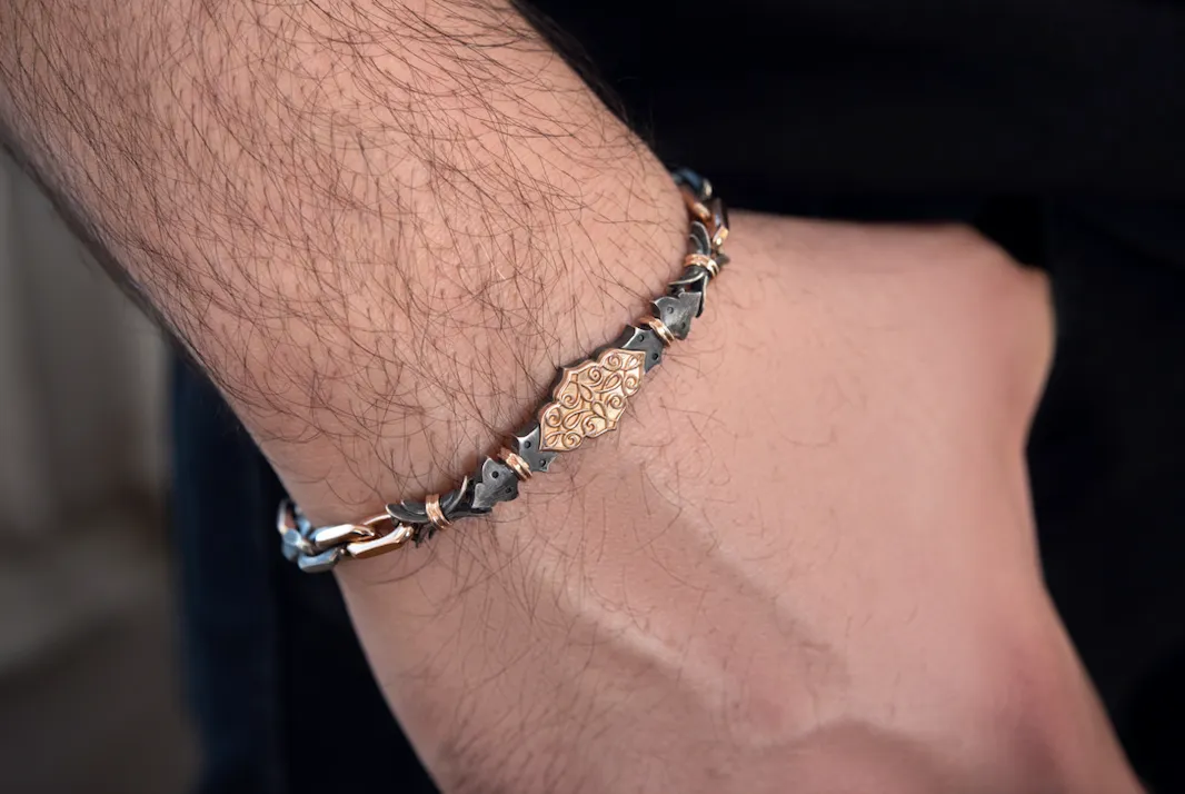 14Ct Rose Gold - Oxidized Sterling Silver Filigree Pattern Link Bracelet