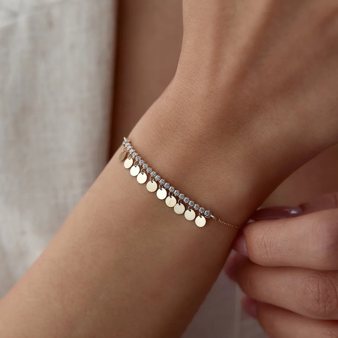 14k Gold Bracelet with Stones and Round Sequin Charms