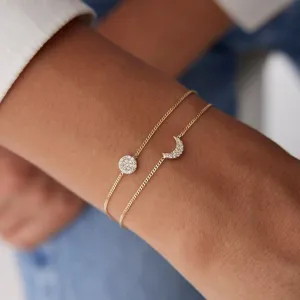 14k Gold Circle Moon Double Bracelet