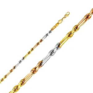 14K Tricolor Gold Men Women's 3.5MM Figarope Chain & Bracelet