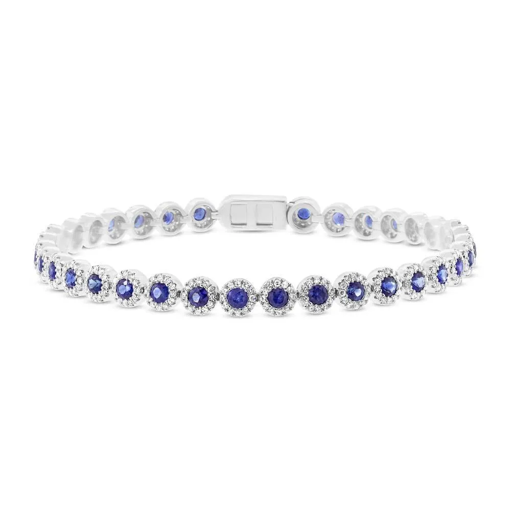 14K White Gold Diamond Halo   Blue Sapphire Bracelet
