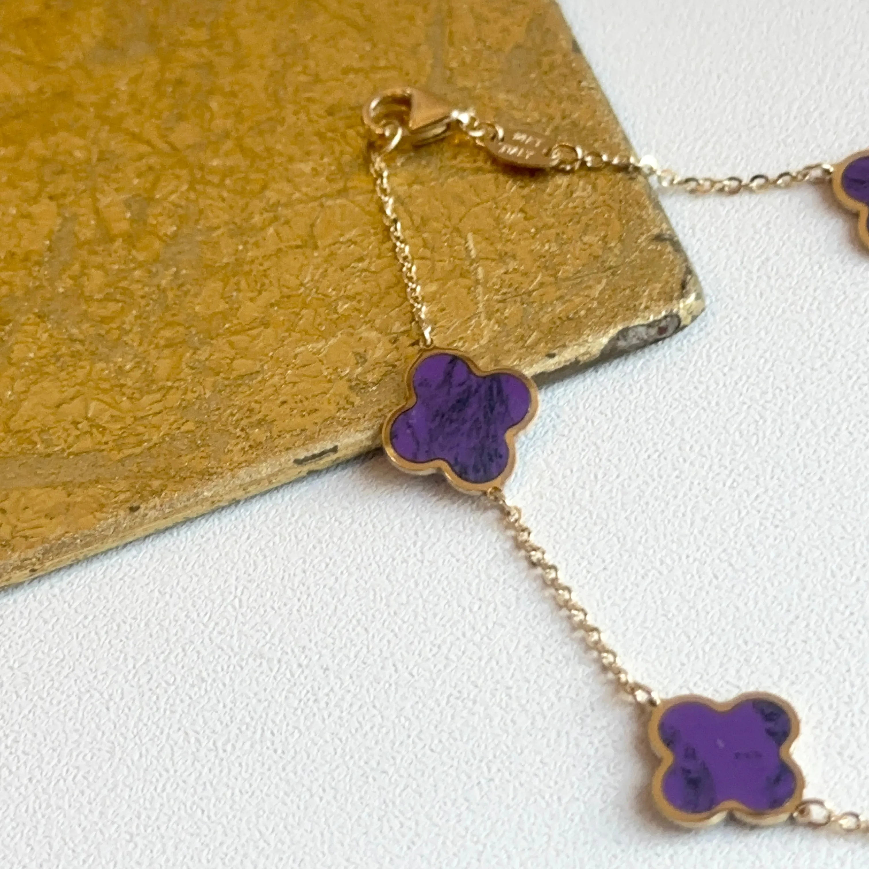 14KT Yellow Gold Amethyst 10mm 4 Leaf Clover Charm Chain Bracelet