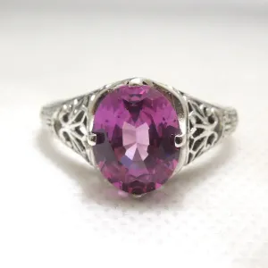 2 Carat Alexandrite Set in Art Deco Style Filigree Sterling Silver Ring