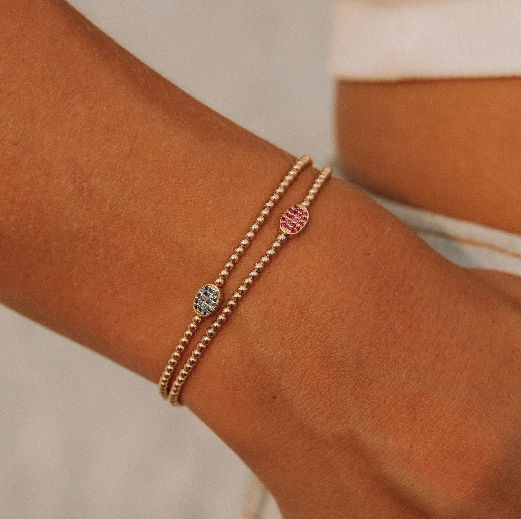 2mm Yellow Gold Filled Bracelet with 14K Blue Sapphire Bean
