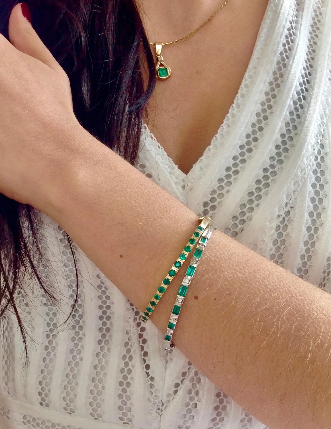3.32 Colombian Emerald & Diamond Bangle Bracelet 18K White Gold