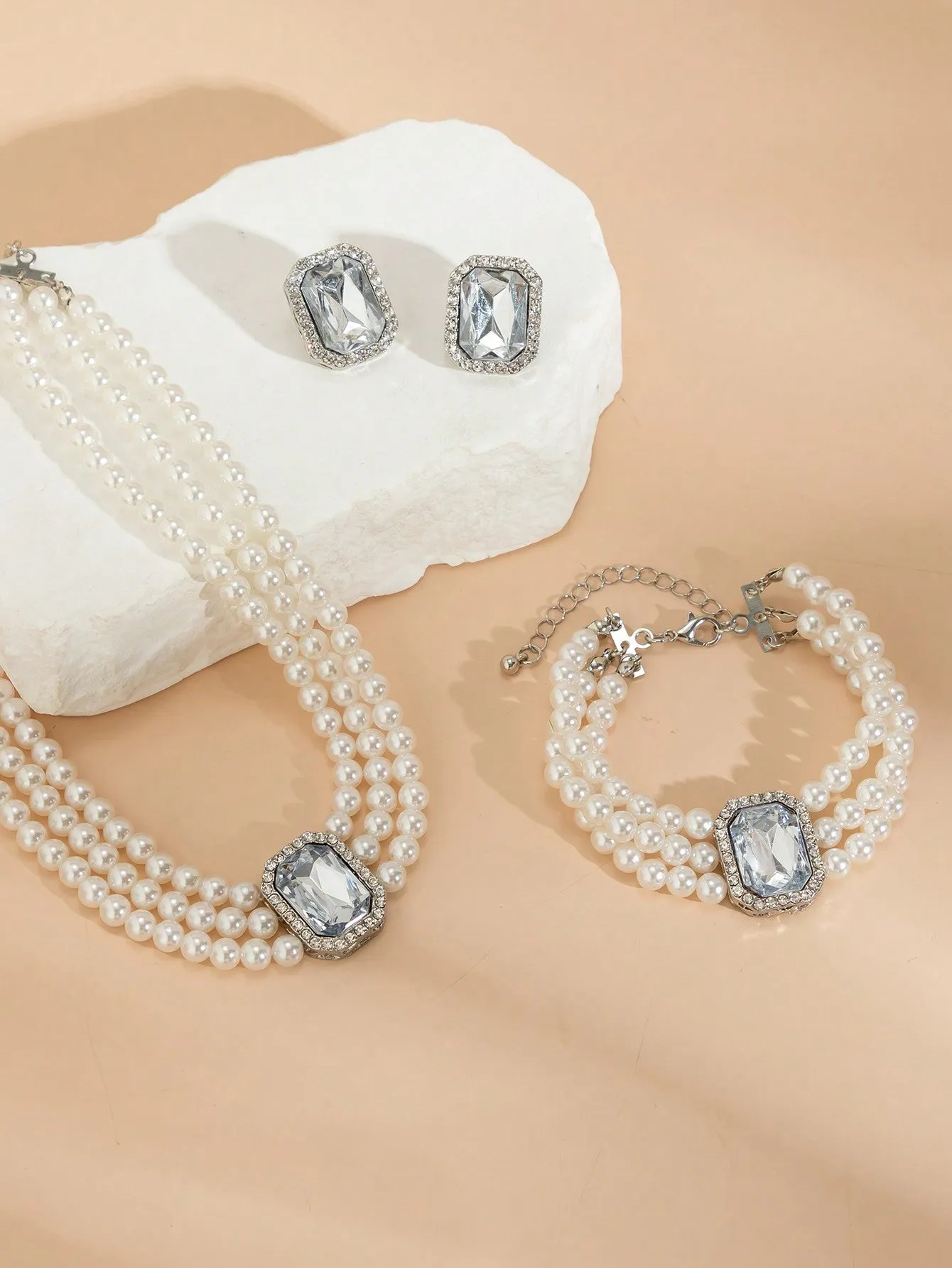 4pcs Rhinestone Inlaid Multilayer Pearl Beaded Necklace Set