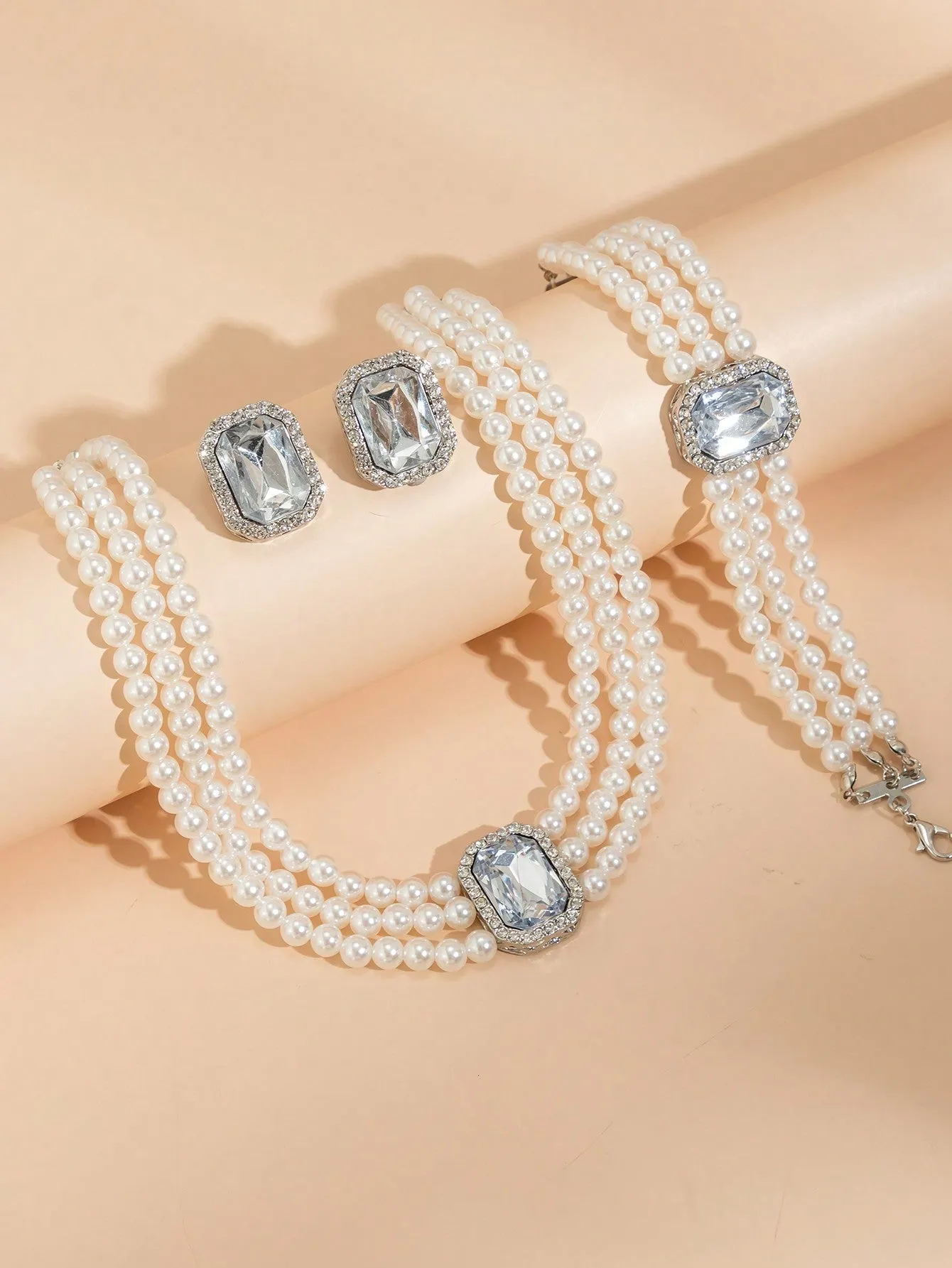 4pcs Rhinestone Inlaid Multilayer Pearl Beaded Necklace Set