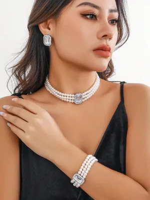 4pcs Rhinestone Inlaid Multilayer Pearl Beaded Necklace Set