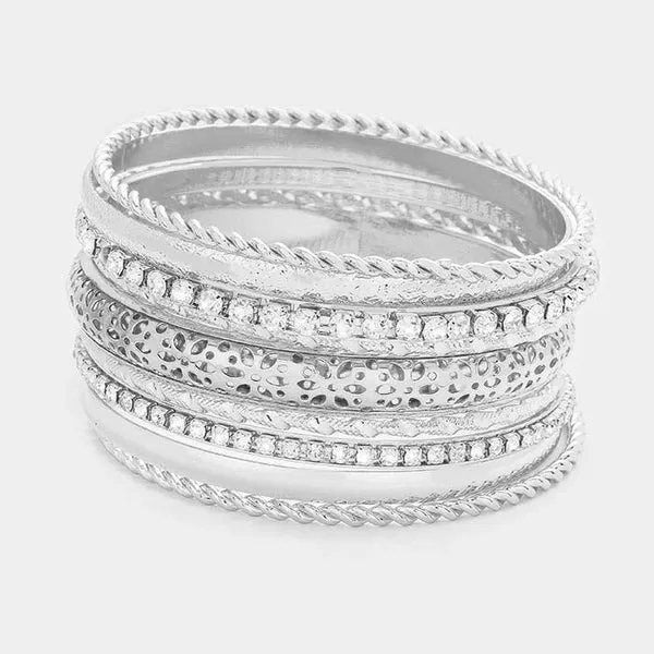 9PCS - Mixed Rhinestone Silver Metal Filigree Bangle Bracelets
