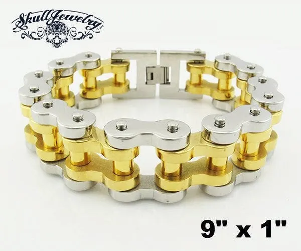 9" x 1" Gold & Silver Tone Stainless Steel Motorcycle Bracelet (806XXL)