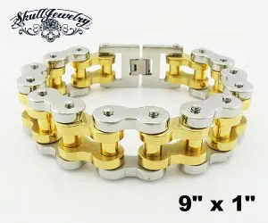 9" x 1" Gold & Silver Tone Stainless Steel Motorcycle Bracelet (806XXL)
