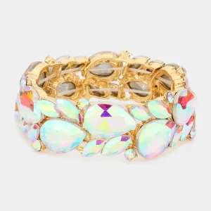 AB Teardrop and Marquise Stone Cluster Stretch Pageant Bracelet on Gold | Bling Chunky Bracelet  |  569498