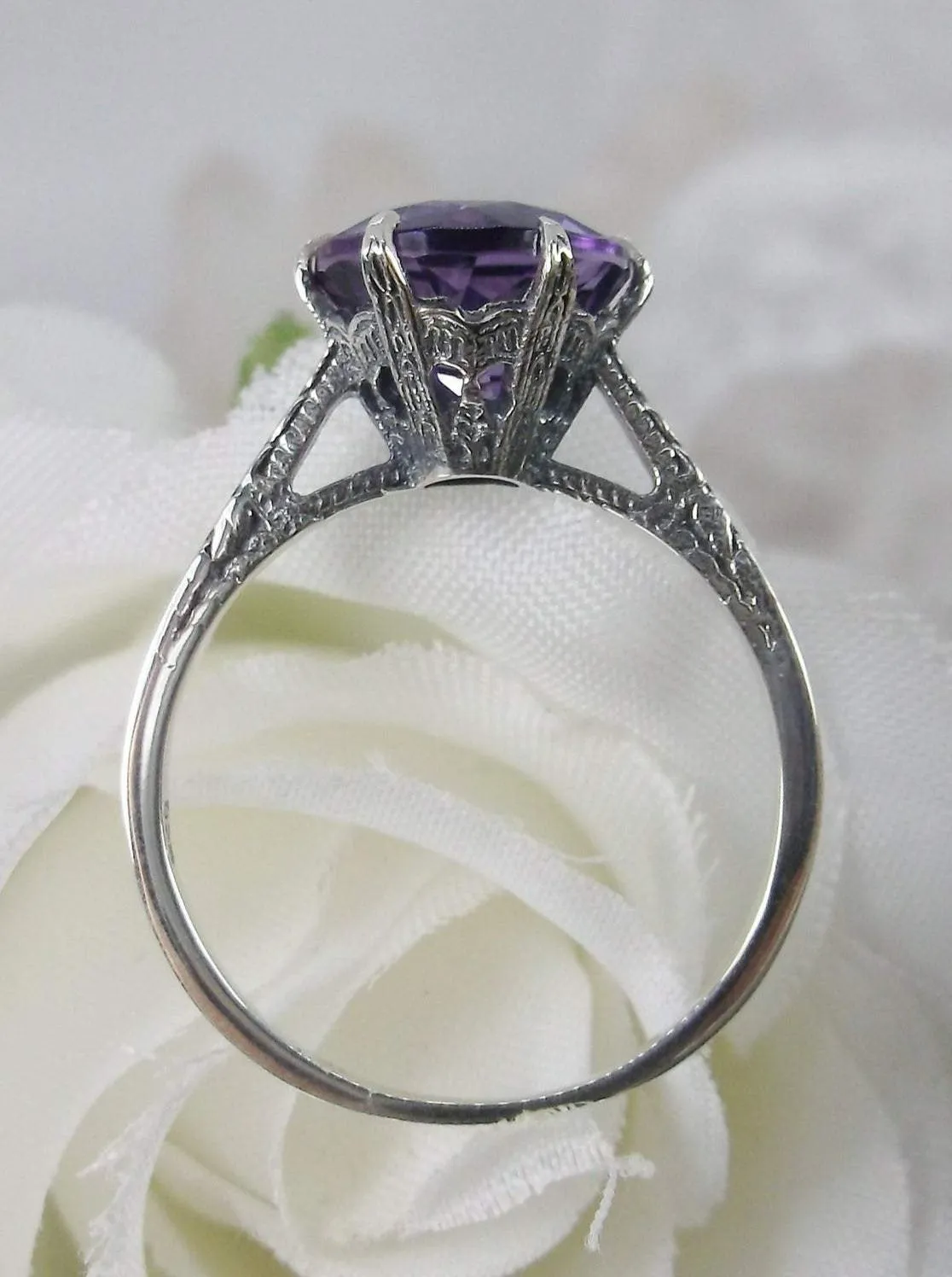 Amethyst Ring, Natural Gemstone Solitaire, Classic Victorian Jewelry #D37z