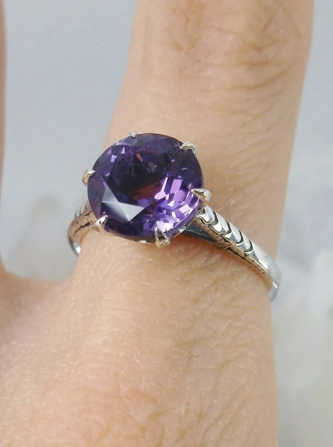 Amethyst Ring, Natural Gemstone Solitaire, Classic Victorian Jewelry #D37z