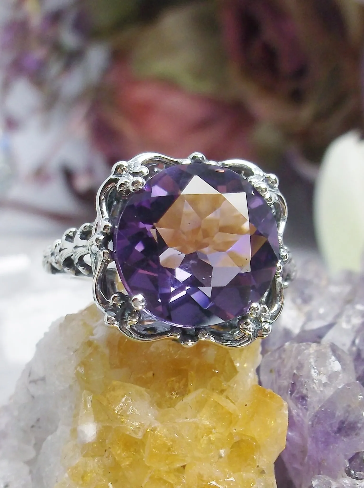 Amethyst Ring, Natural Gemstone, Victorian Jewelry #D103