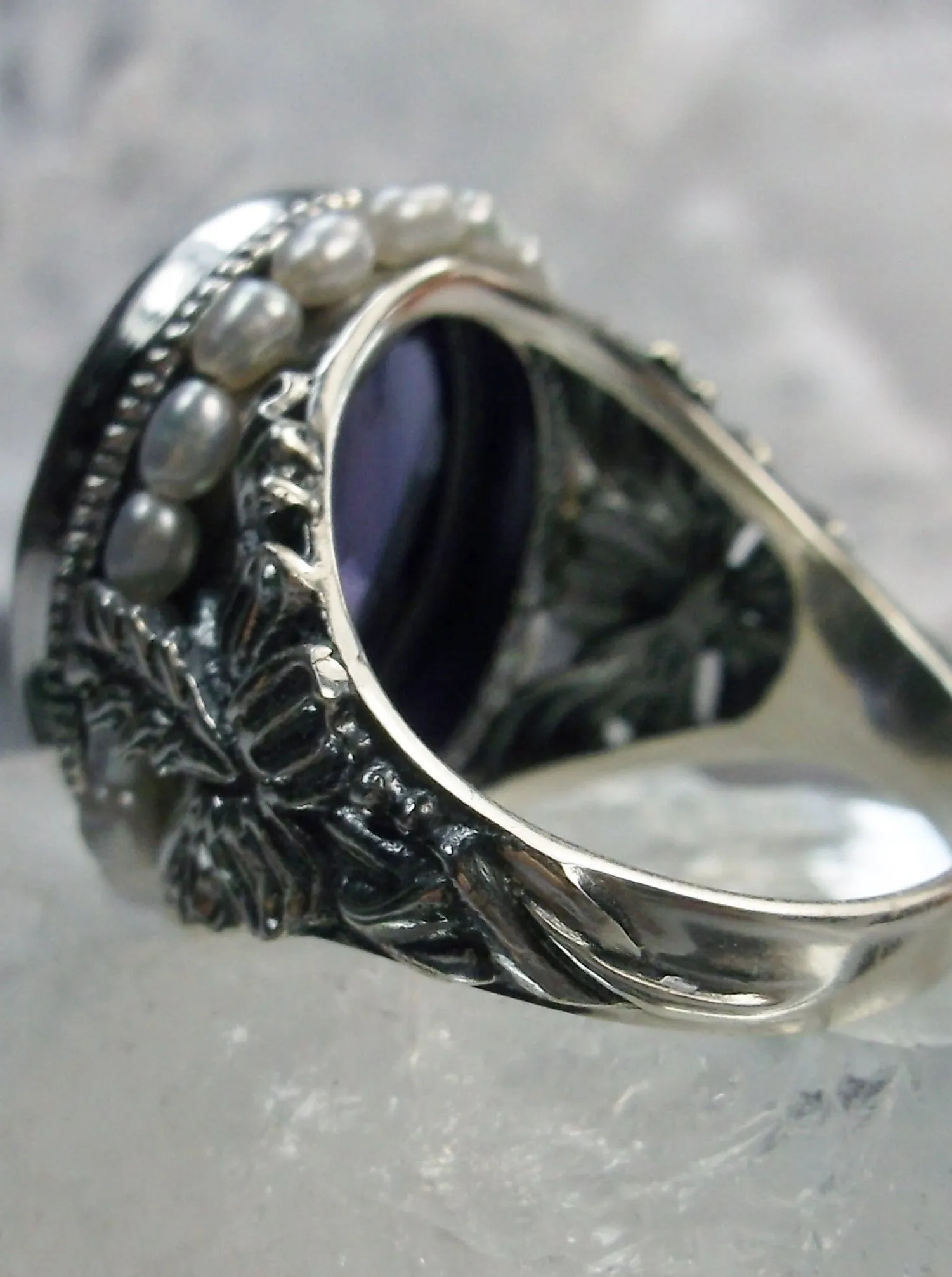 Amethyst Ring, Purple Gem & Seed Pearl, Art Nouveau Jewelry #D207