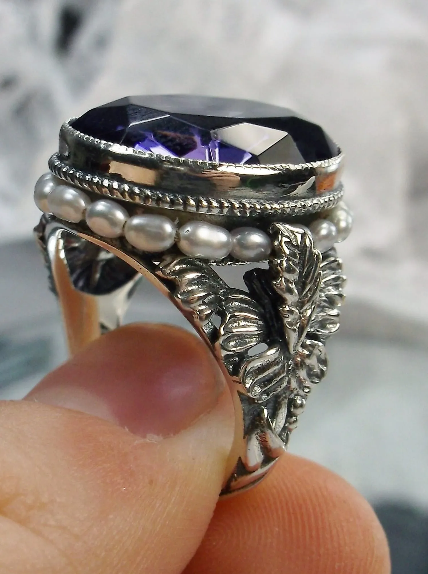 Amethyst Ring, Purple Gem & Seed Pearl, Art Nouveau Jewelry #D207