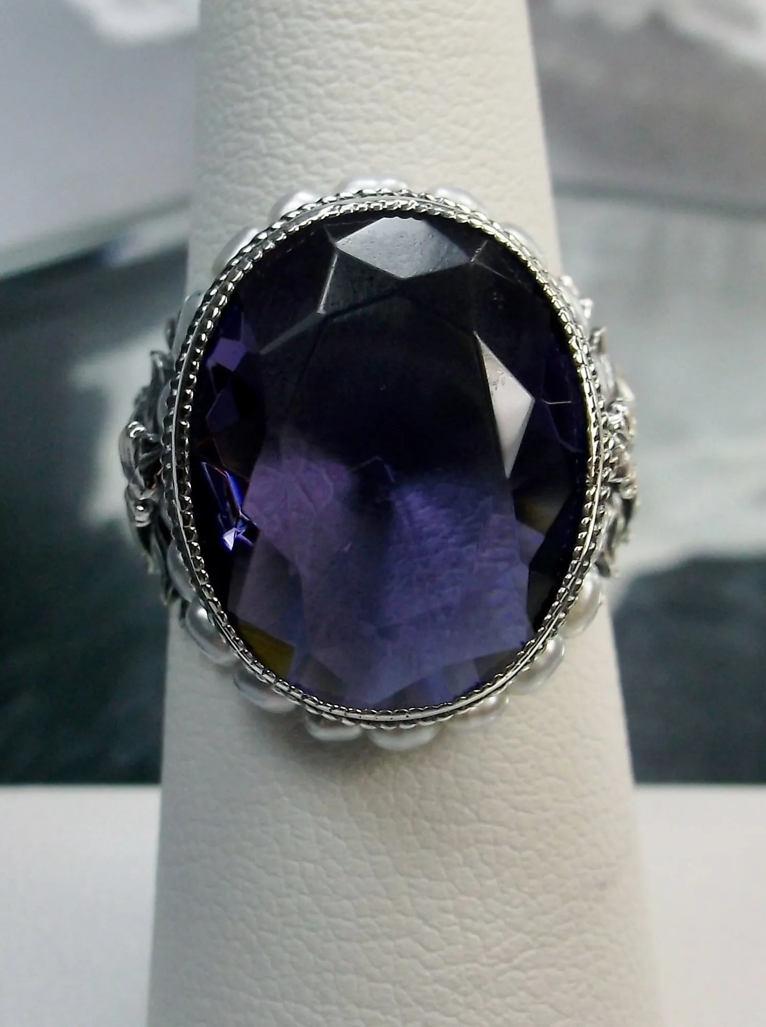 Amethyst Ring, Purple Gem & Seed Pearl, Art Nouveau Jewelry #D207