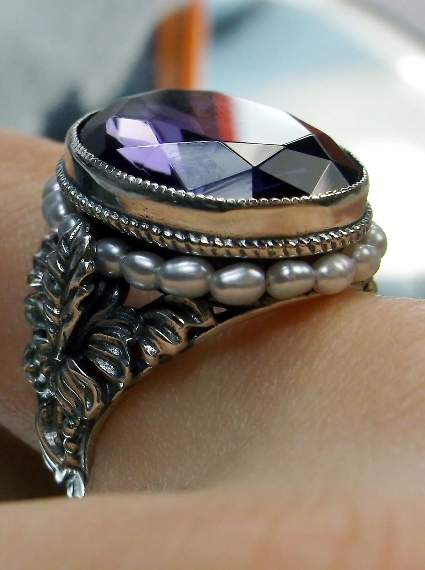 Amethyst Ring, Purple Gem & Seed Pearl, Art Nouveau Jewelry #D207