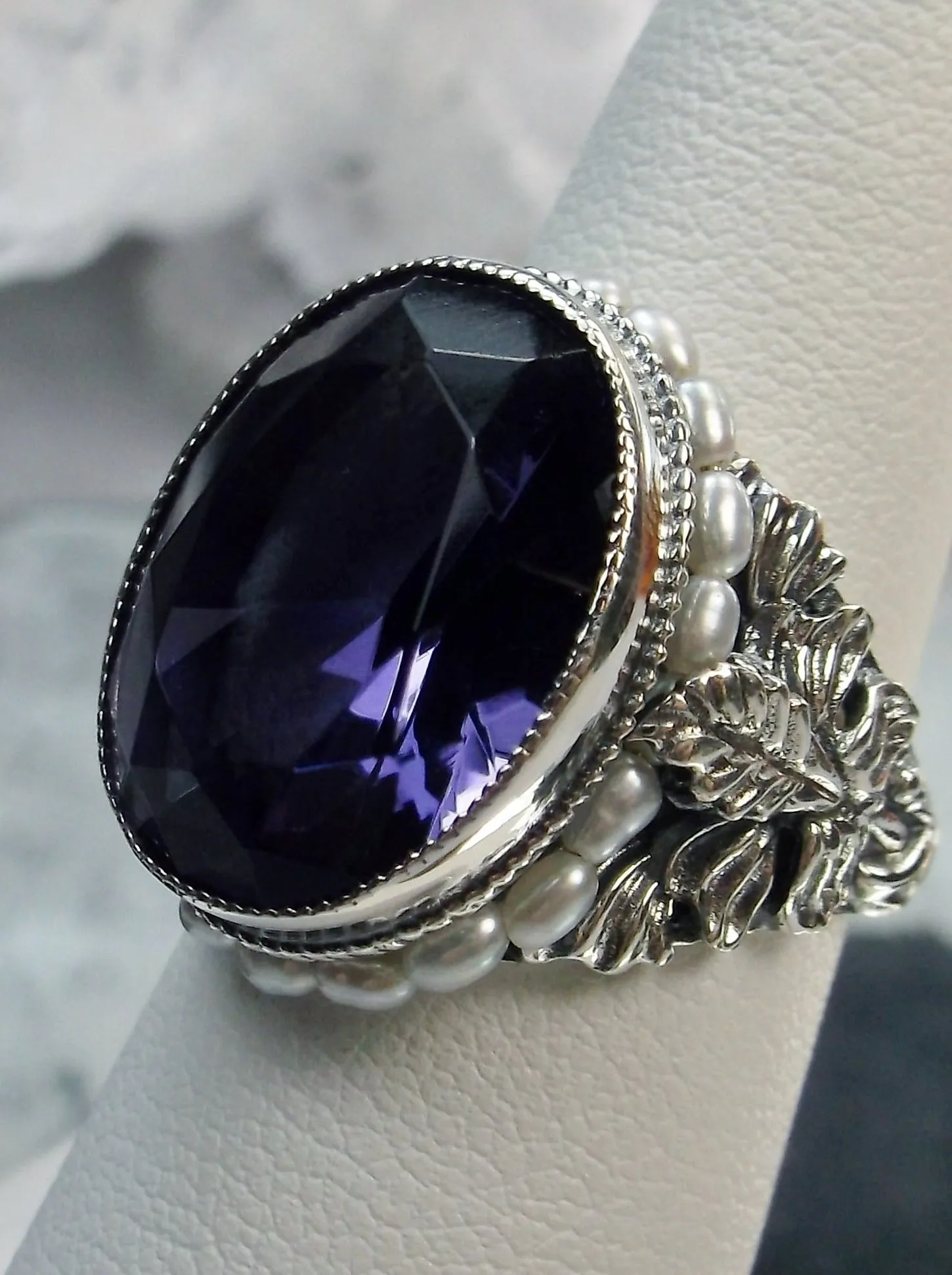 Amethyst Ring, Purple Gem & Seed Pearl, Art Nouveau Jewelry #D207
