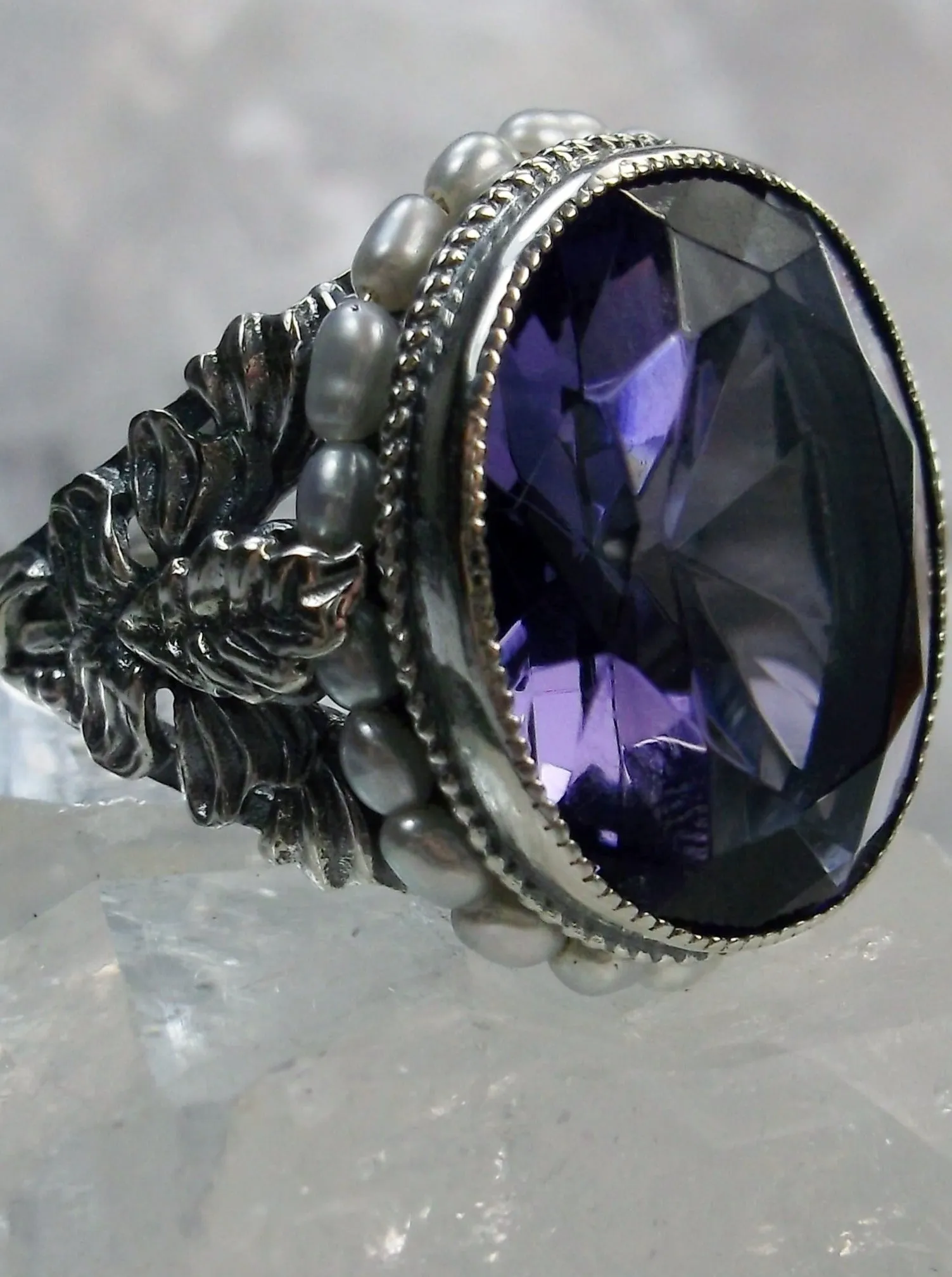 Amethyst Ring, Purple Gem & Seed Pearl, Art Nouveau Jewelry #D207