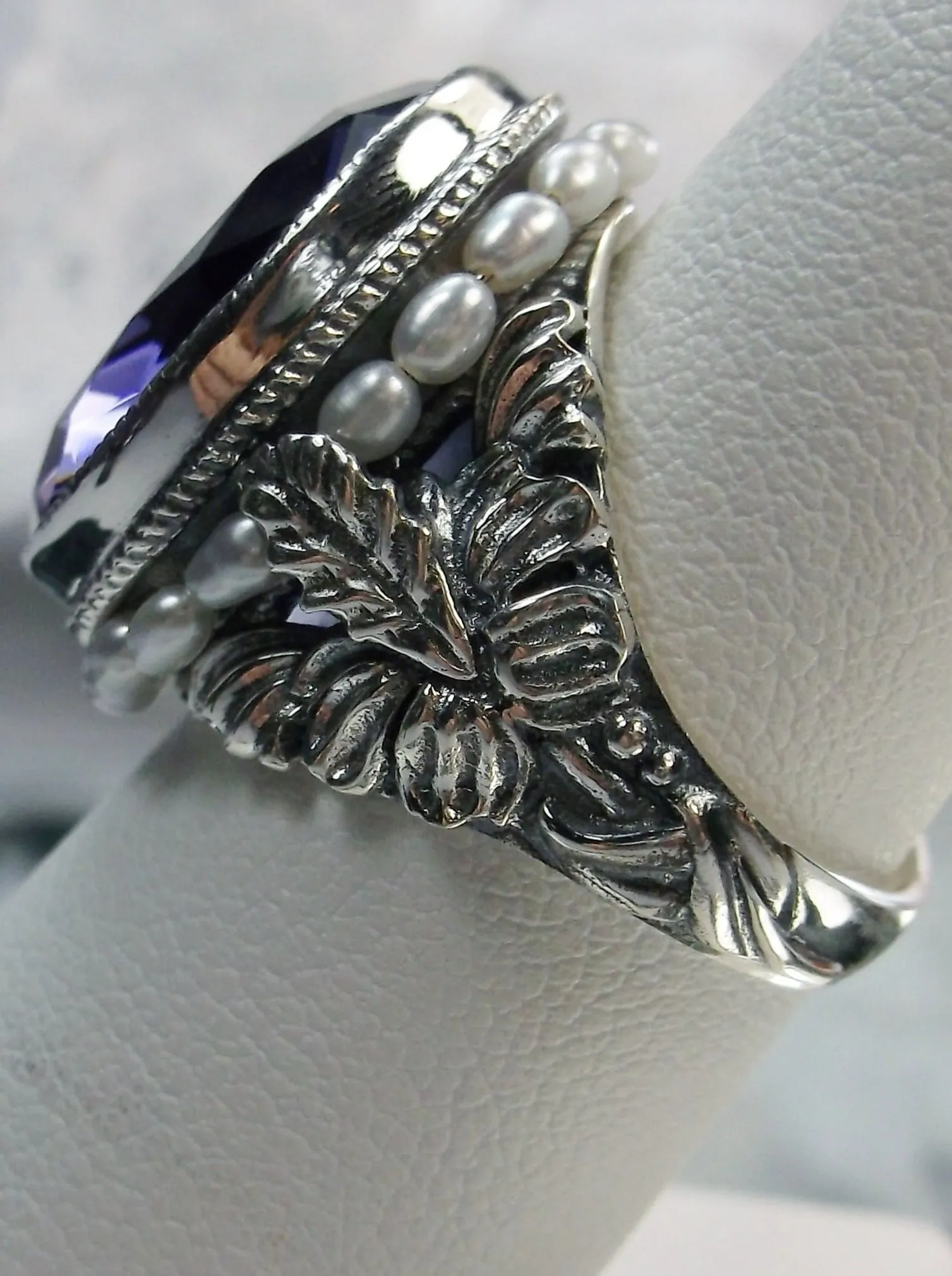 Amethyst Ring, Purple Gem & Seed Pearl, Art Nouveau Jewelry #D207