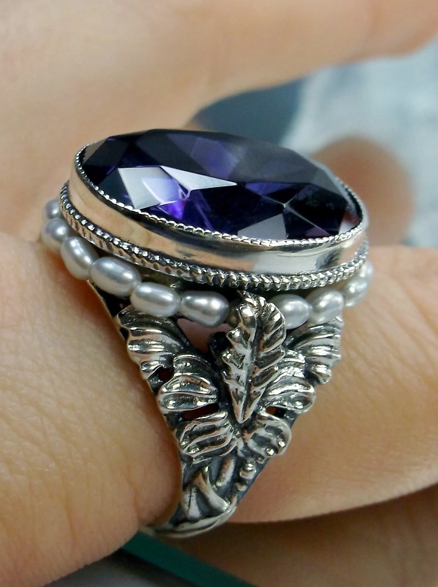 Amethyst Ring, Purple Gem & Seed Pearl, Art Nouveau Jewelry #D207
