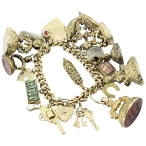 Antique 18K Gold English Tassie Seal heavy Loaded Charm Bracelet