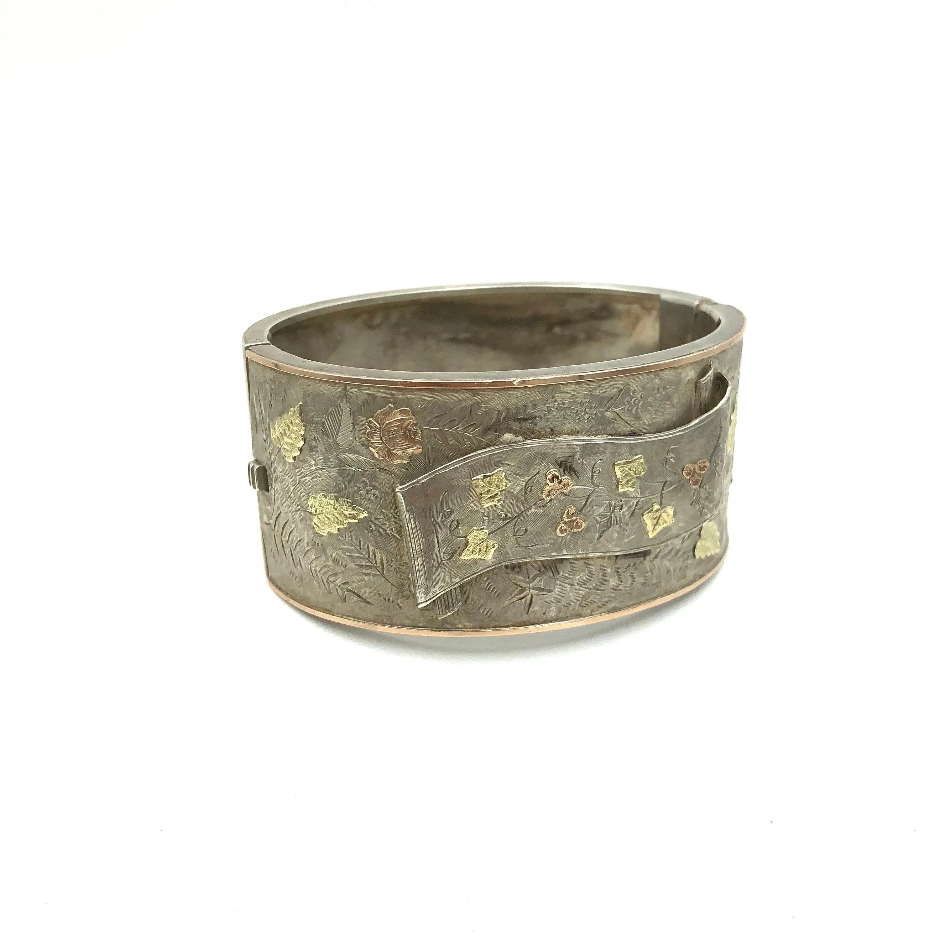 Antique  English Sterling Silver and Gold Cuff Bracelet