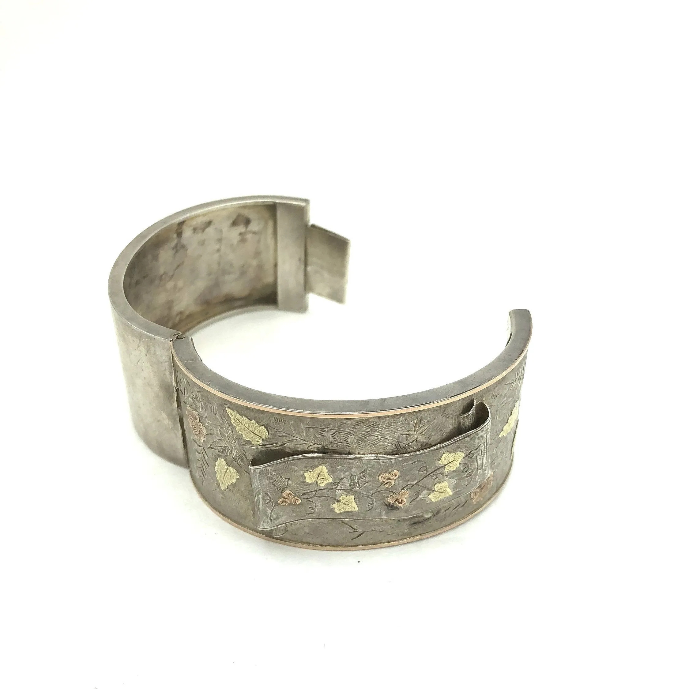 Antique  English Sterling Silver and Gold Cuff Bracelet