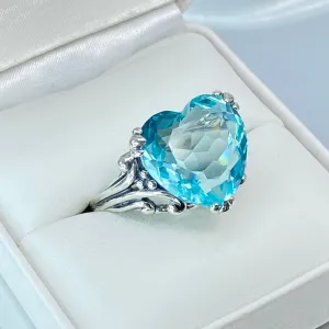 Aquamarine Heart Ring, Size 7, Art Deco Jewelry #D213 - Ready to Ship
