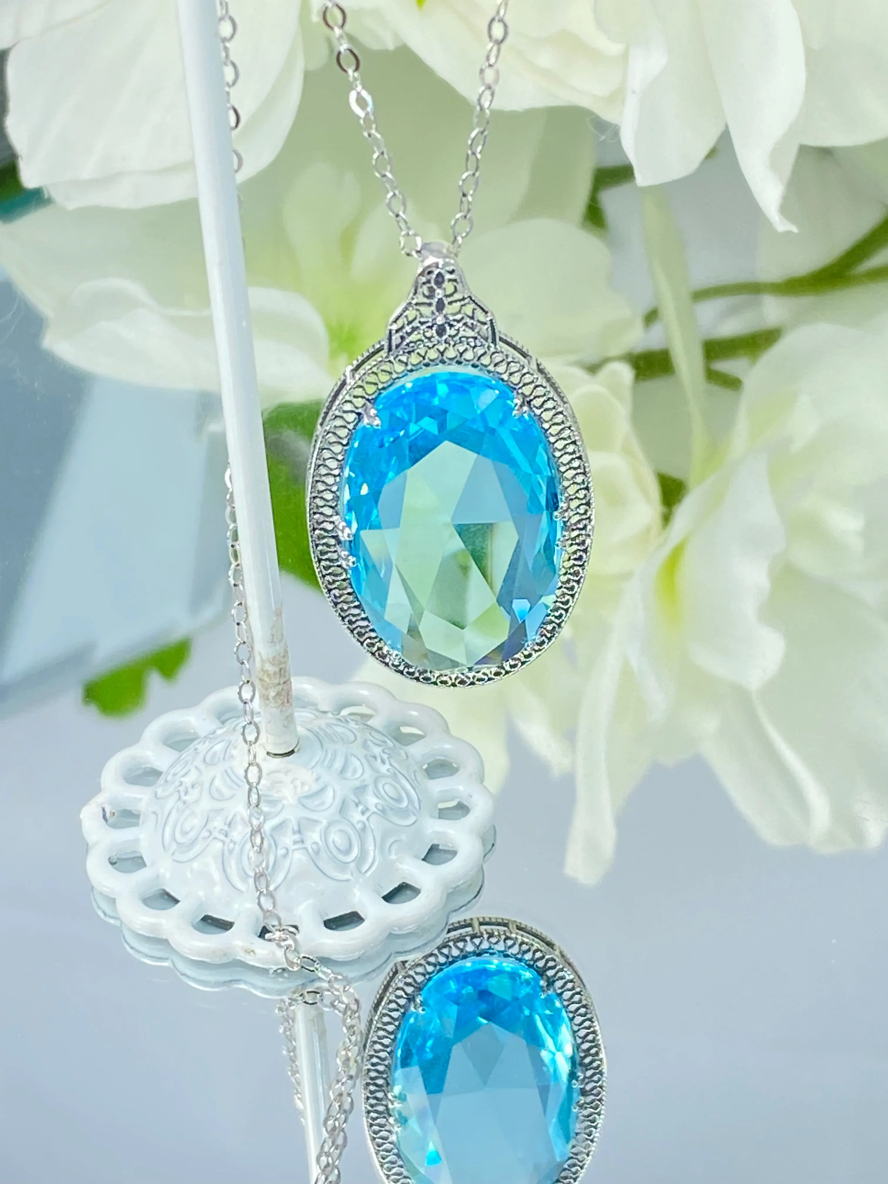 Aquamarine Pendant, Sky Blue Art Deco Necklace #P31