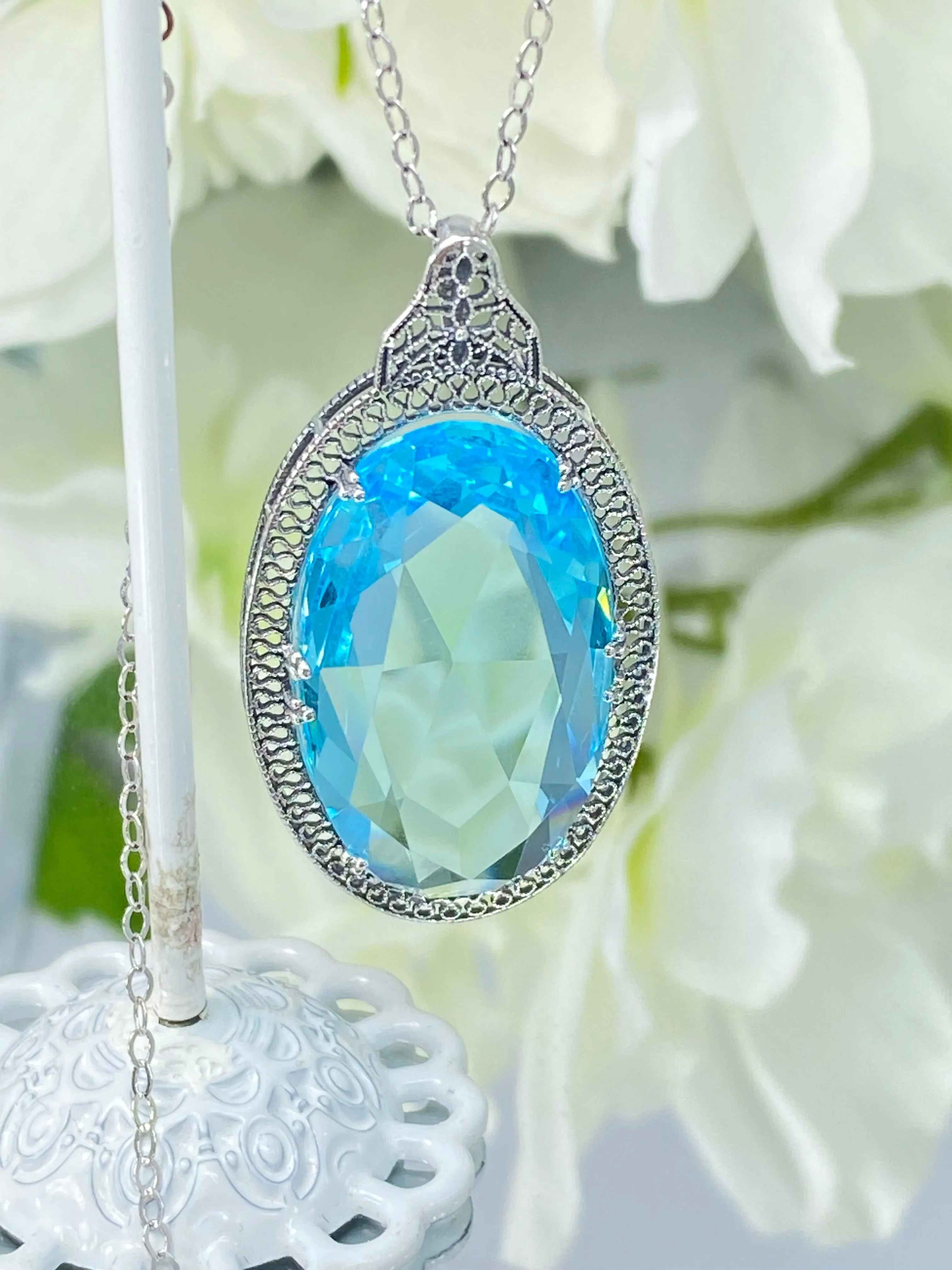 Aquamarine Pendant, Sky Blue Art Deco Necklace #P31