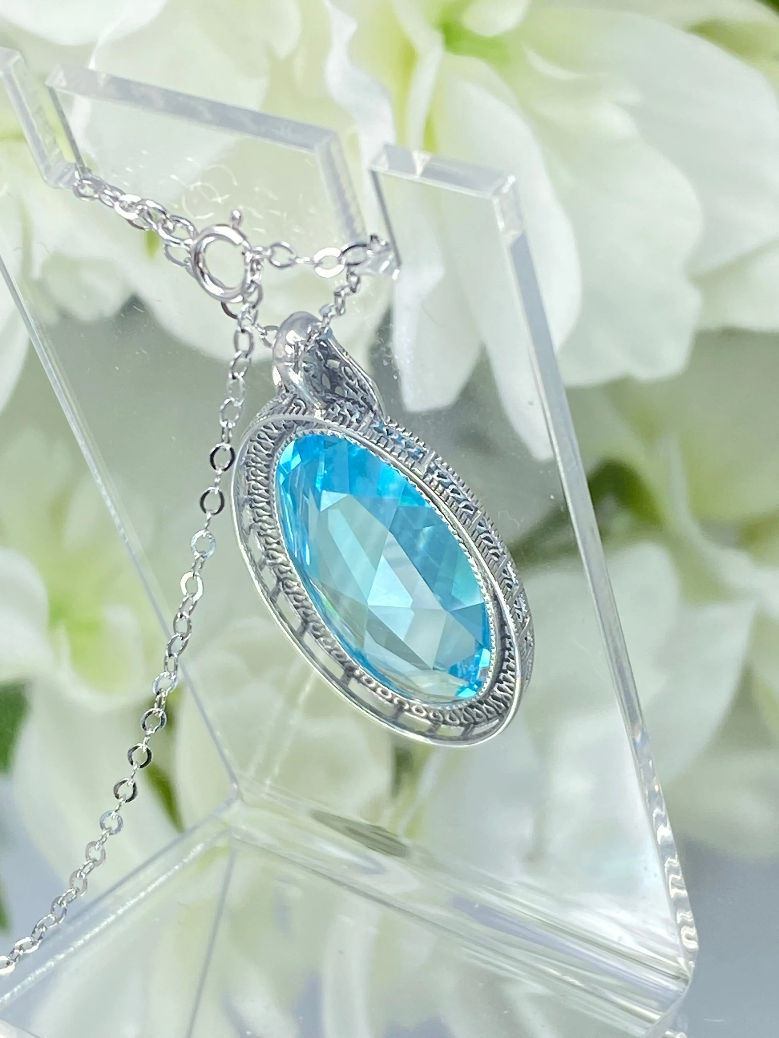 Aquamarine Pendant, Sky Blue Art Deco Necklace #P31