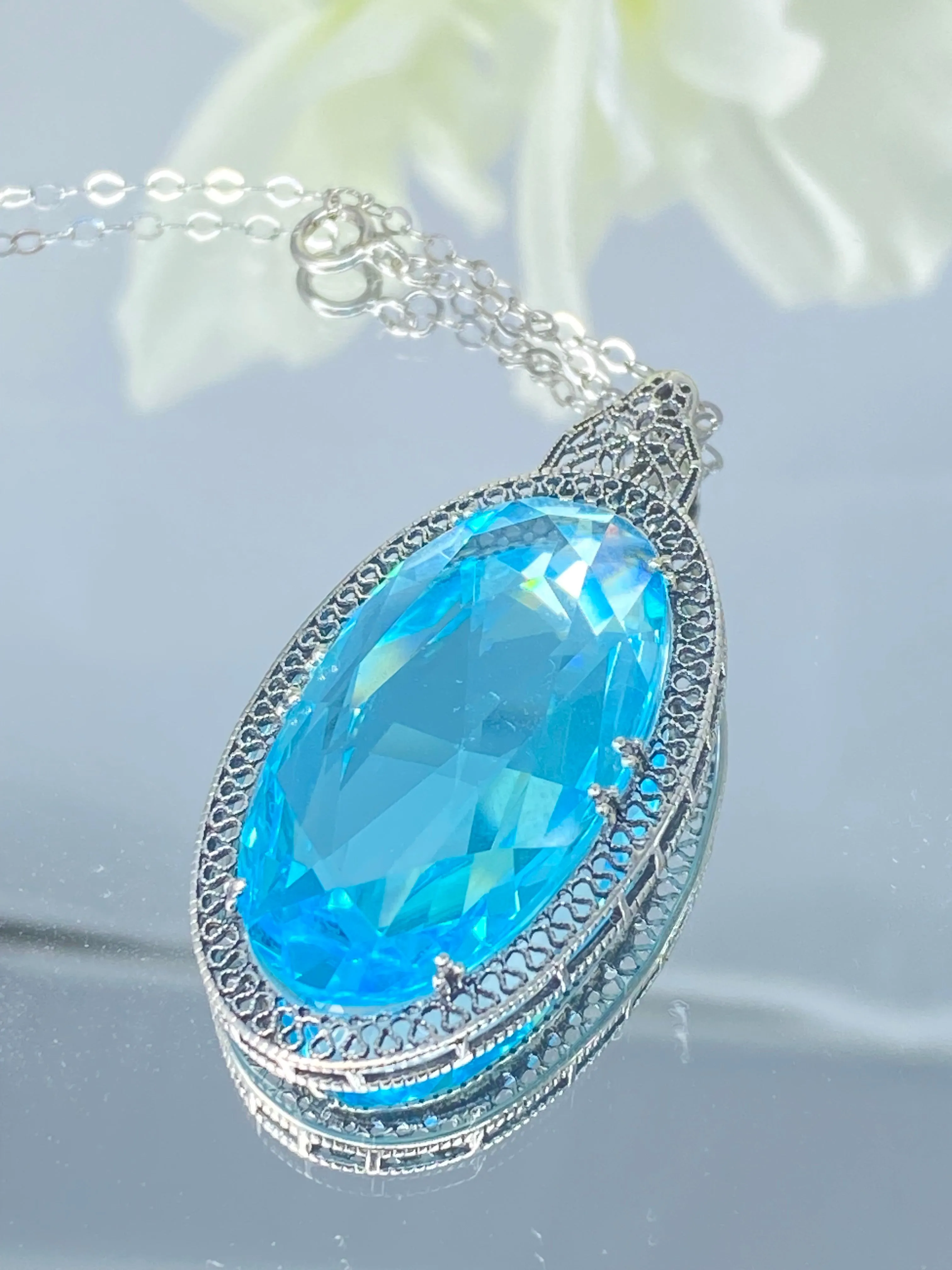 Aquamarine Pendant, Sky Blue Art Deco Necklace #P31