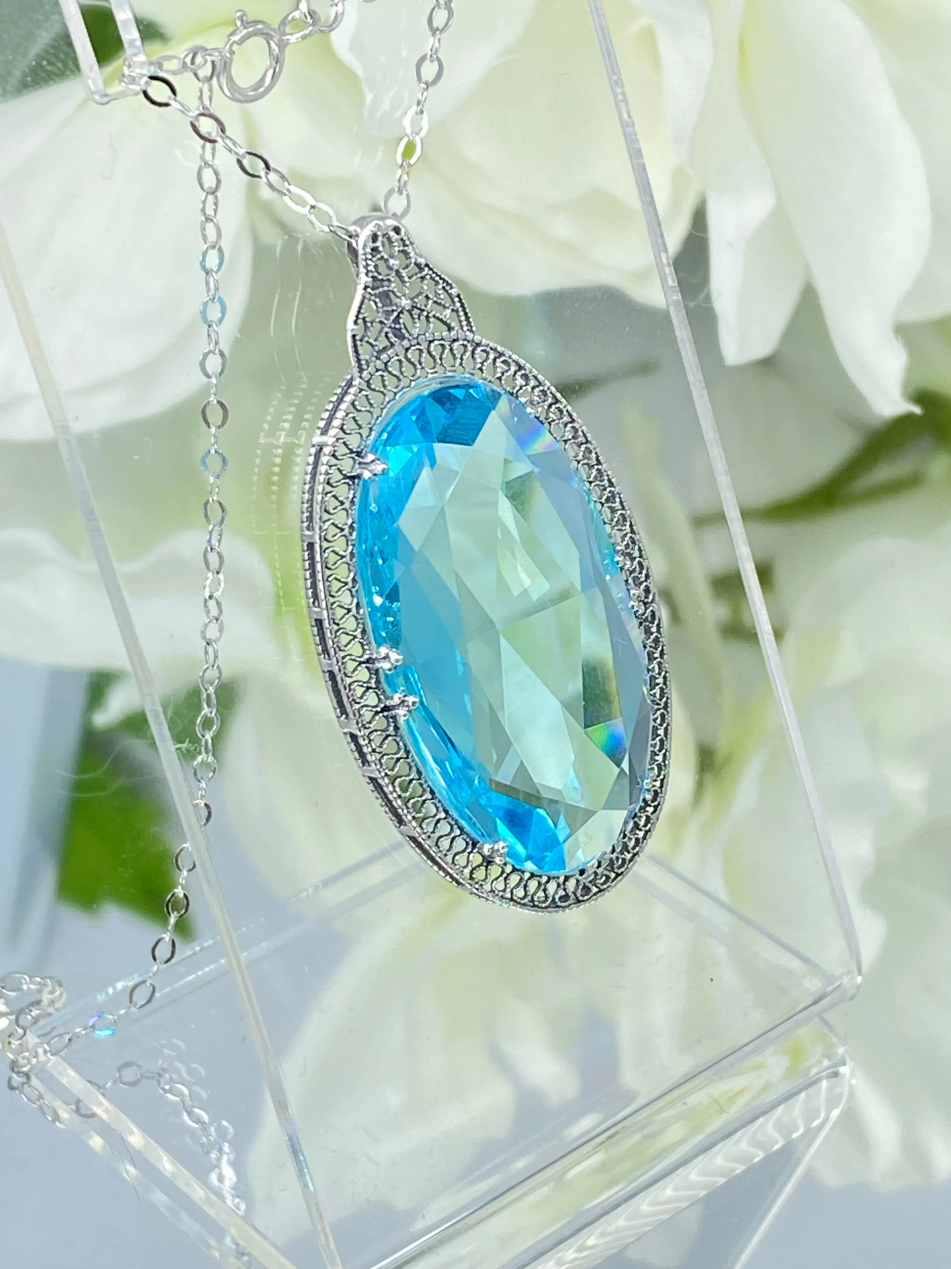 Aquamarine Pendant, Sky Blue Art Deco Necklace #P31