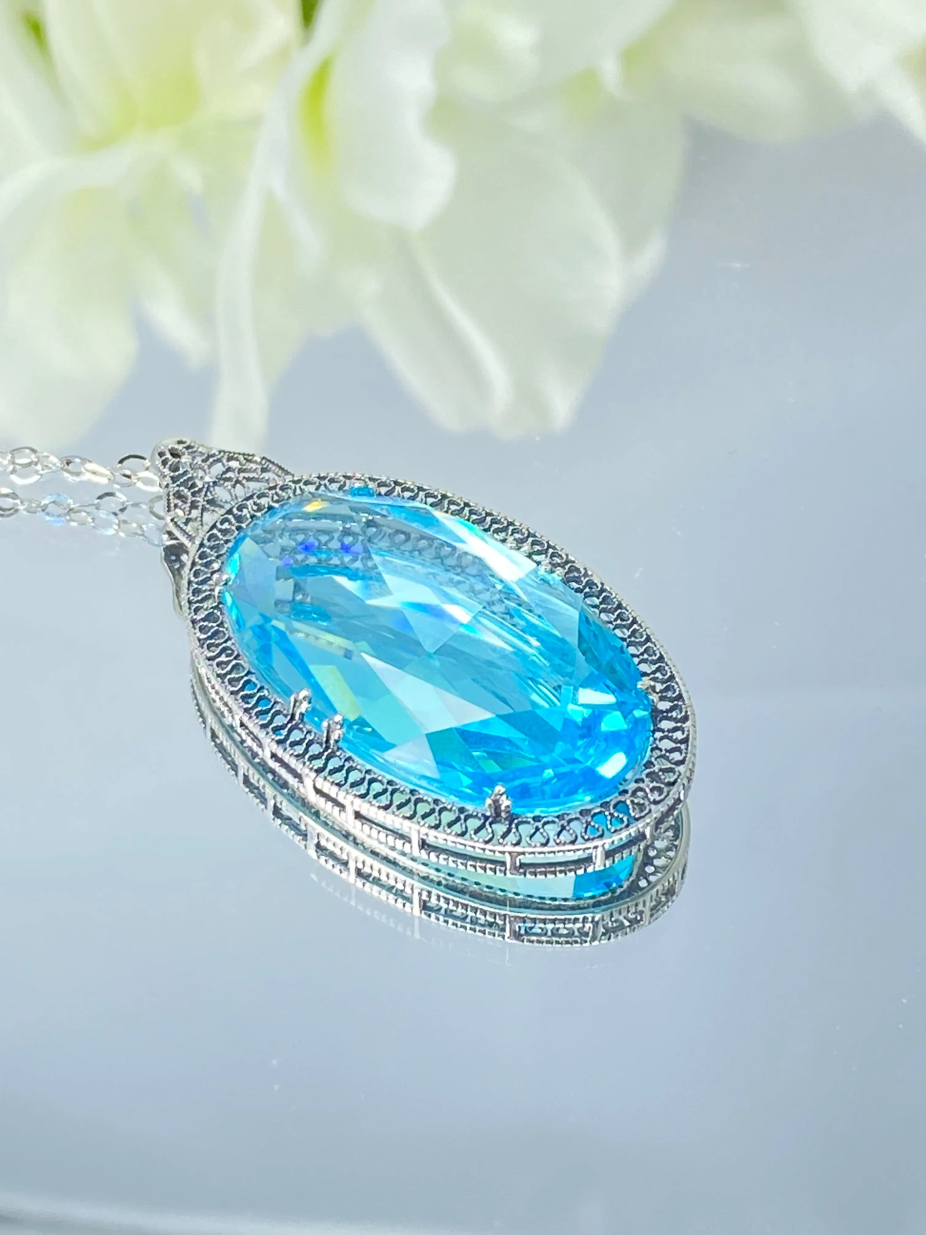 Aquamarine Pendant, Sky Blue Art Deco Necklace #P31