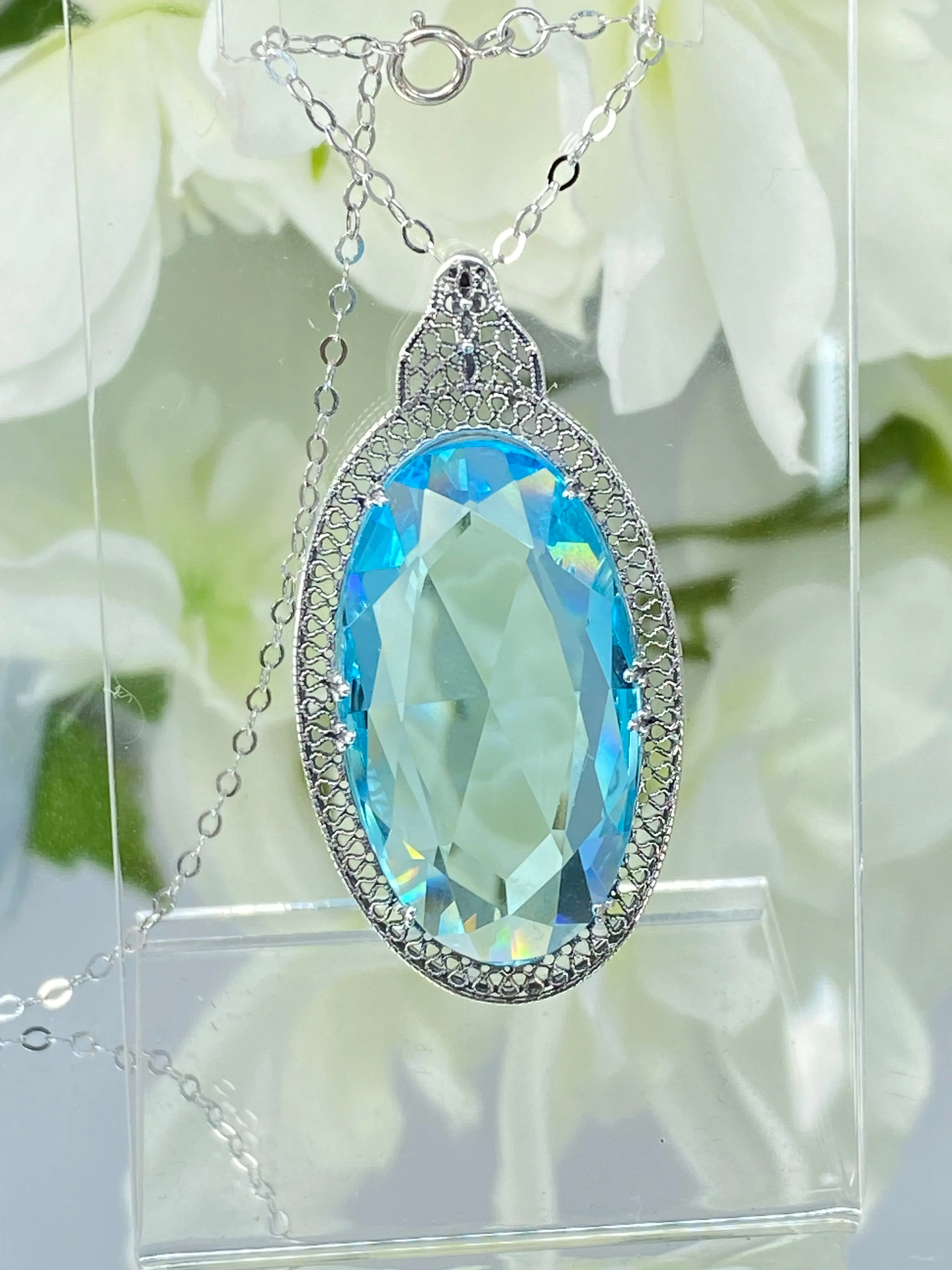 Aquamarine Pendant, Sky Blue Art Deco Necklace #P31