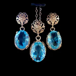 Aquamarine Rose Gold Jewelry Set, Edwardian Gemstone Earrings & Pendant Ensemble #S70