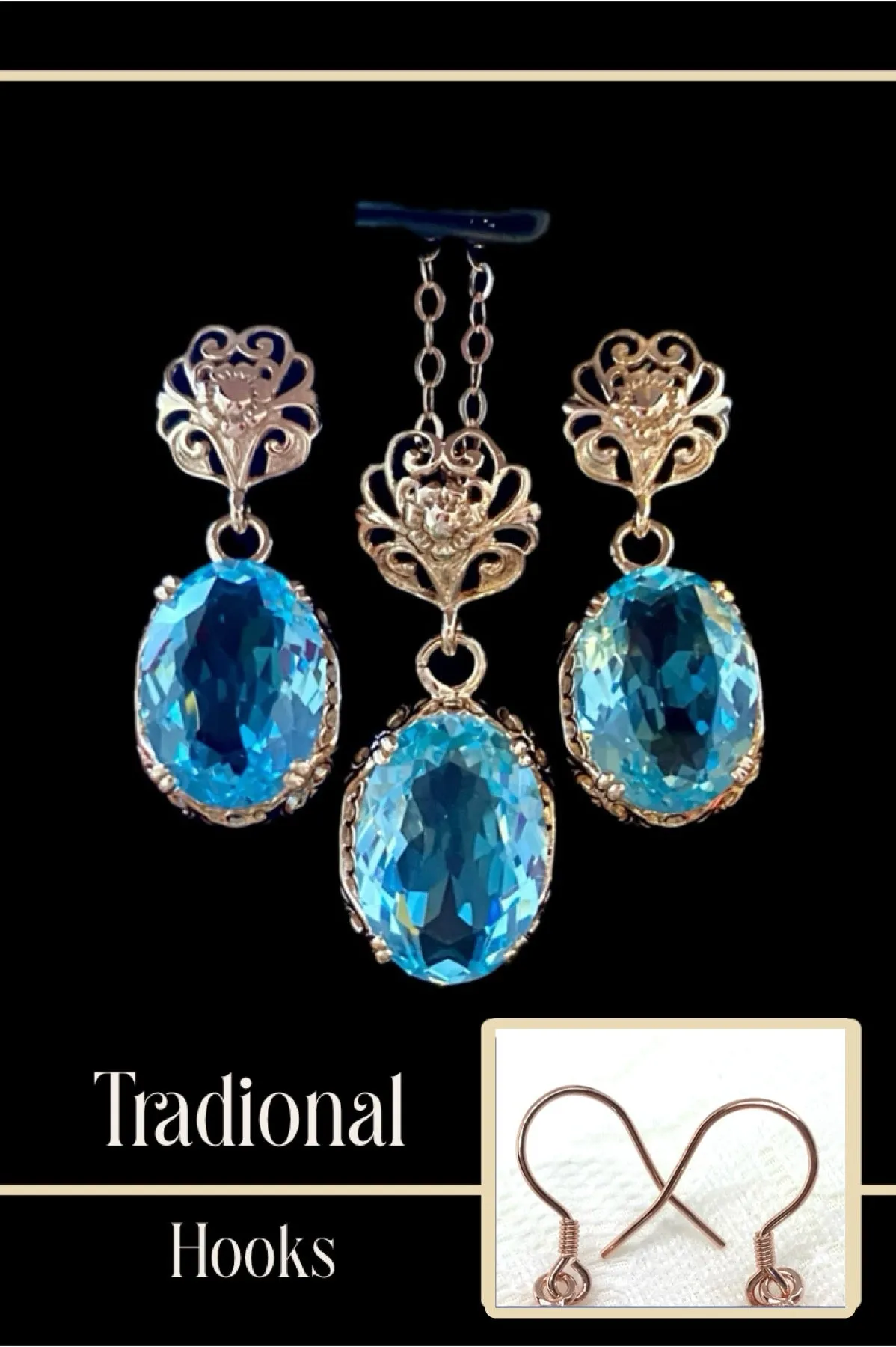 Aquamarine Rose Gold Jewelry Set, Edwardian Gemstone Earrings & Pendant Ensemble #S70