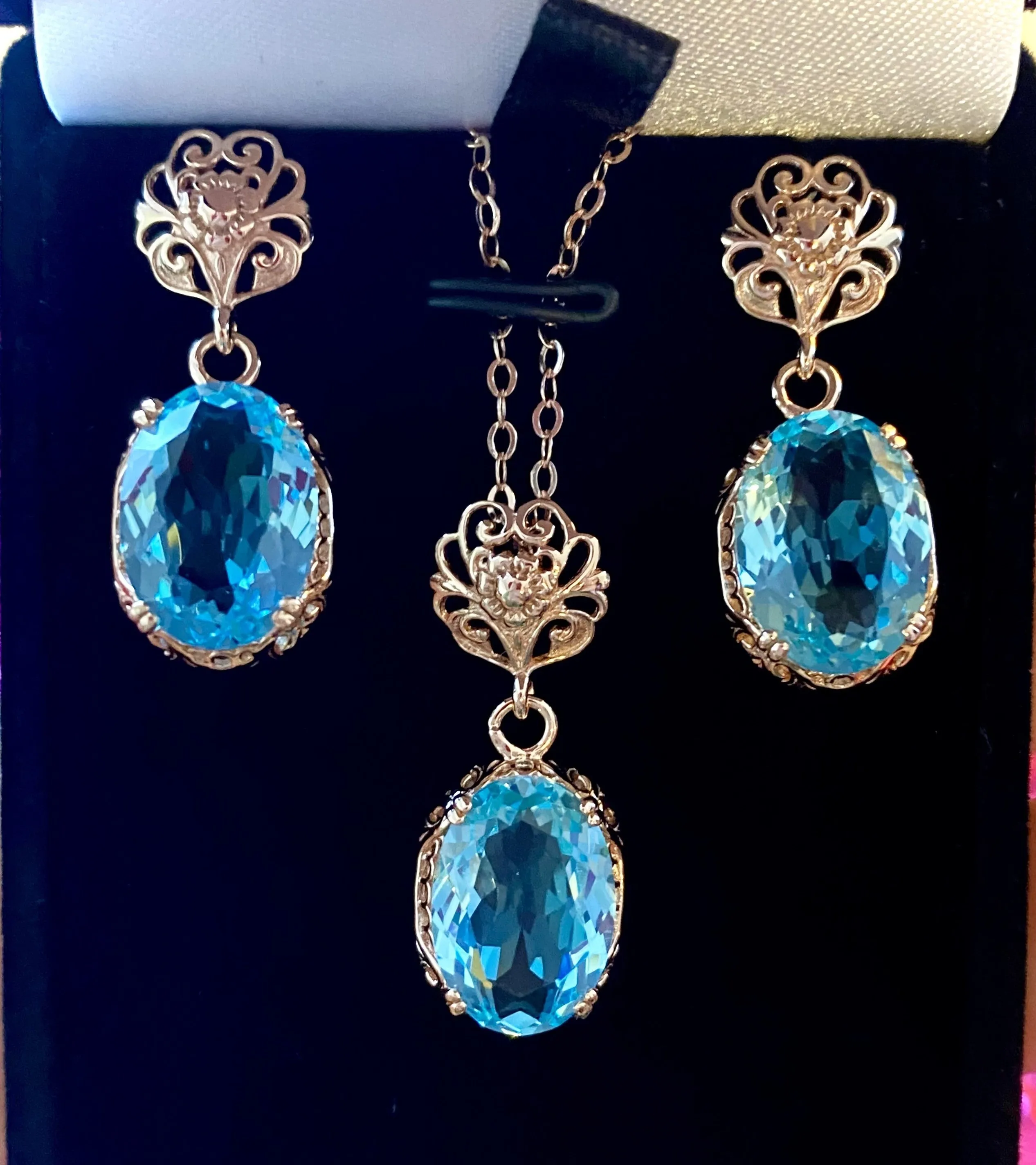 Aquamarine Rose Gold Jewelry Set, Edwardian Gemstone Earrings & Pendant Ensemble #S70