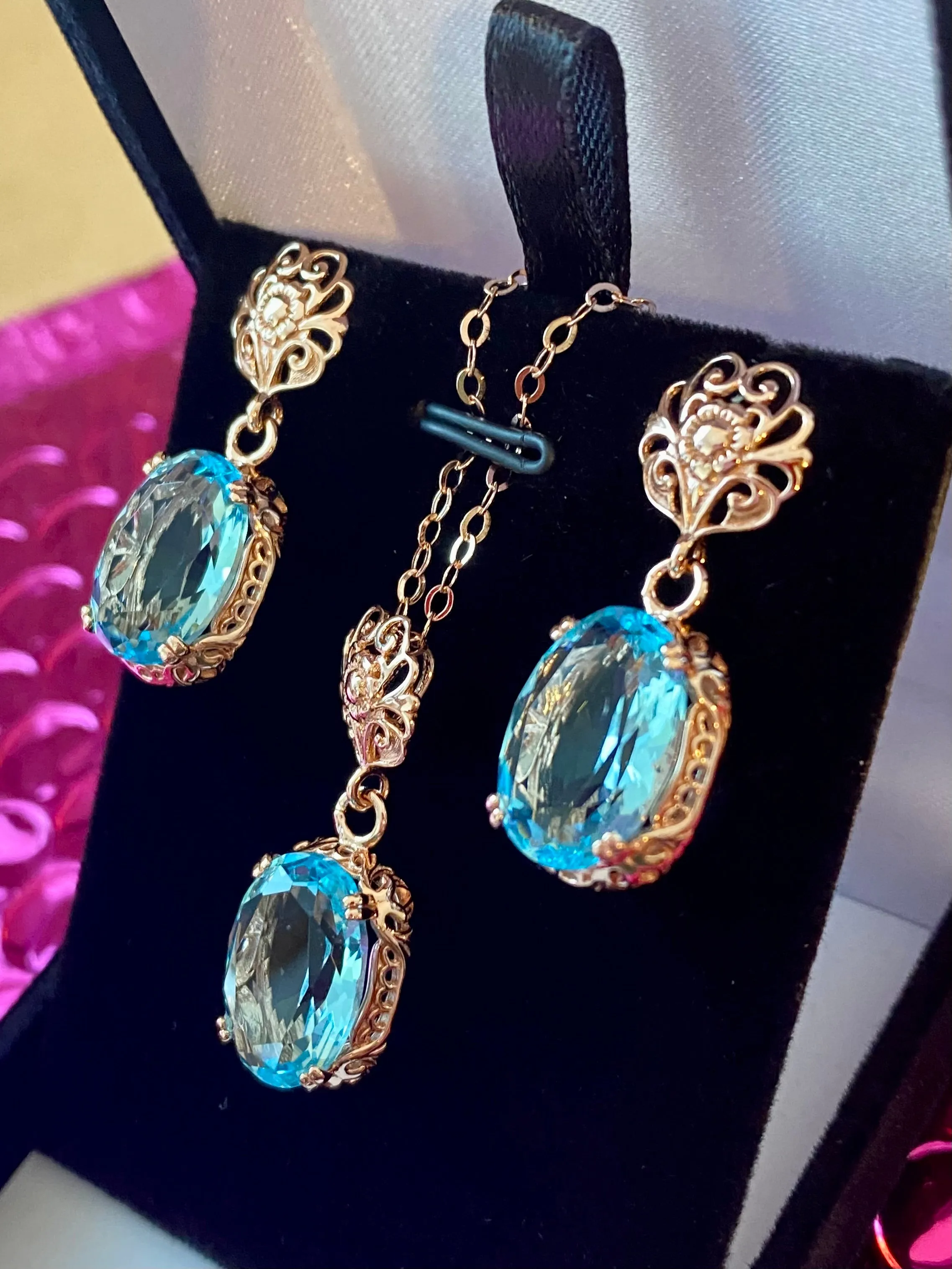 Aquamarine Rose Gold Jewelry Set, Edwardian Gemstone Earrings & Pendant Ensemble #S70