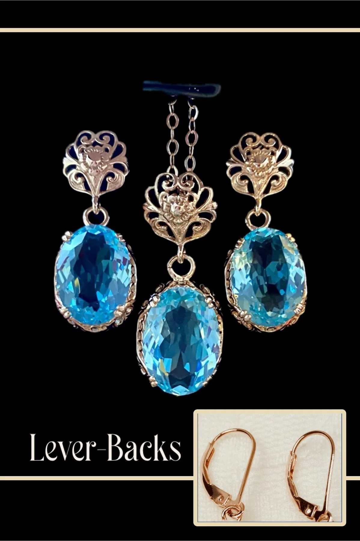 Aquamarine Rose Gold Jewelry Set, Edwardian Gemstone Earrings & Pendant Ensemble #S70