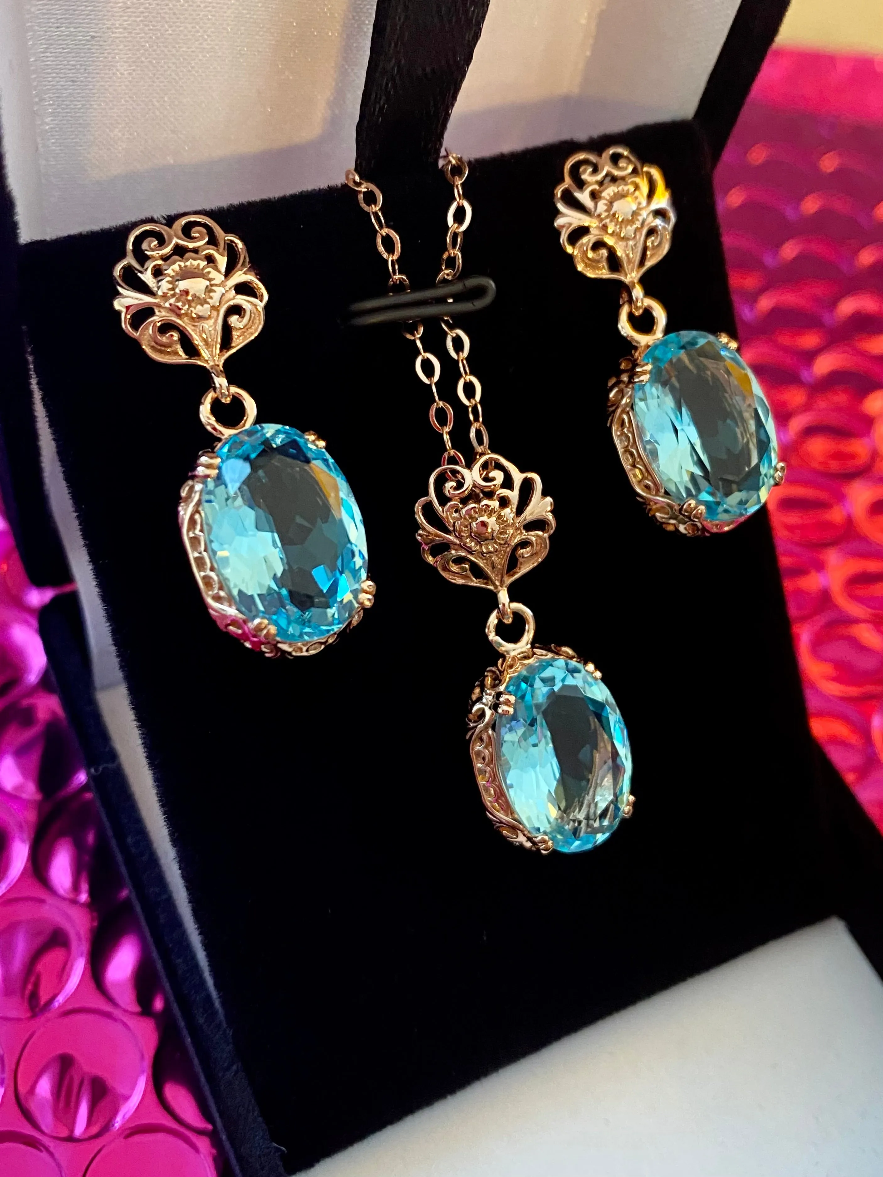 Aquamarine Rose Gold Jewelry Set, Edwardian Gemstone Earrings & Pendant Ensemble #S70