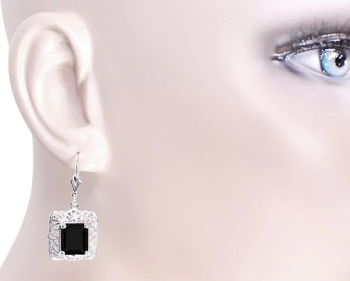 Art Deco Filigree Black Onyx Antique Style Earrings in Sterling Silver
