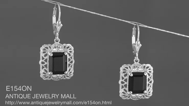 Art Deco Filigree Black Onyx Antique Style Earrings in Sterling Silver