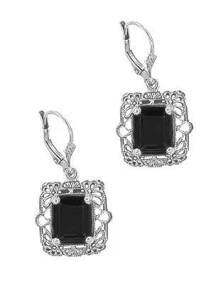 Art Deco Filigree Black Onyx Antique Style Earrings in Sterling Silver